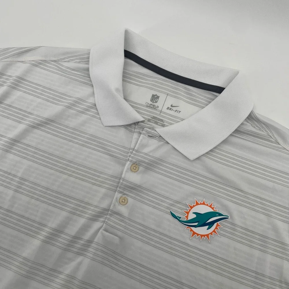 Nike Polo Shirt Mens 3XL White Miami Dolphins NFL Onfield Dri-FIT Striped